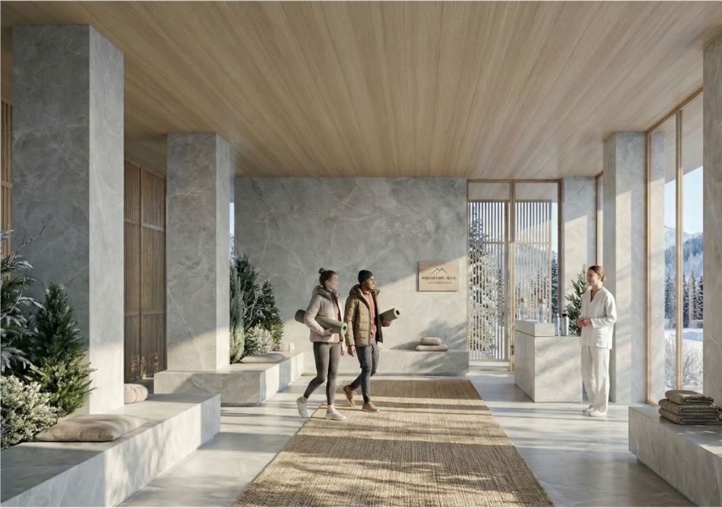 Mountain resort lobby in pale marble with an oak ceiling and snow beyond the glass