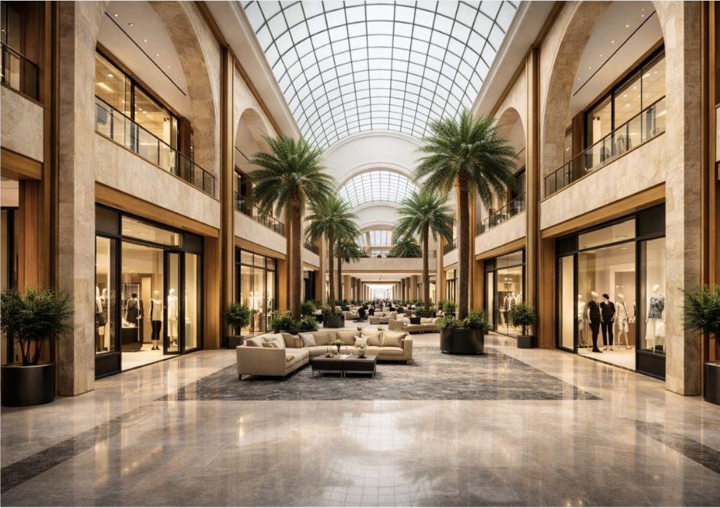Naturally lit retail atrium with palms, stone floors and teak-framed shopfronts