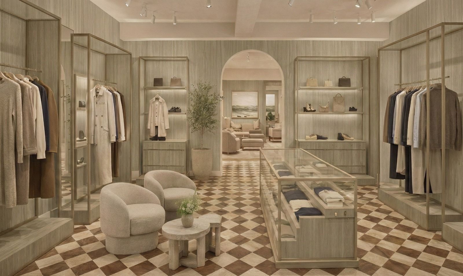Fashion boutique in pale ash with a chequered stone floor and glass display case
