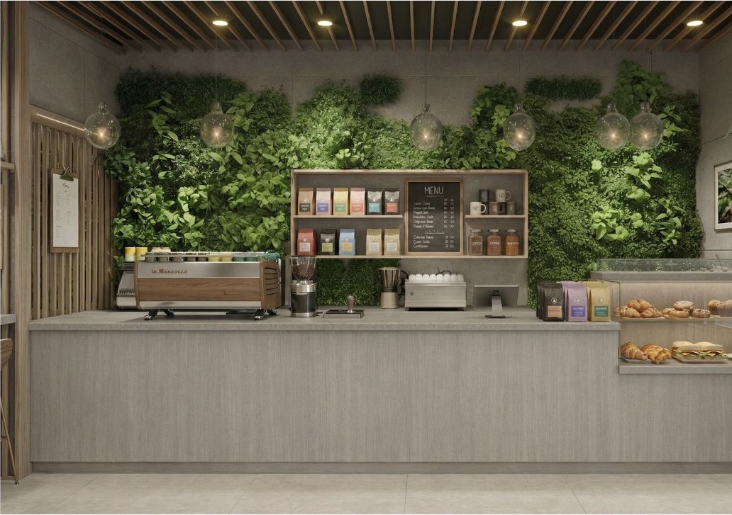 Cafe counter in pale walnut with a concrete worktop and a planted back wall