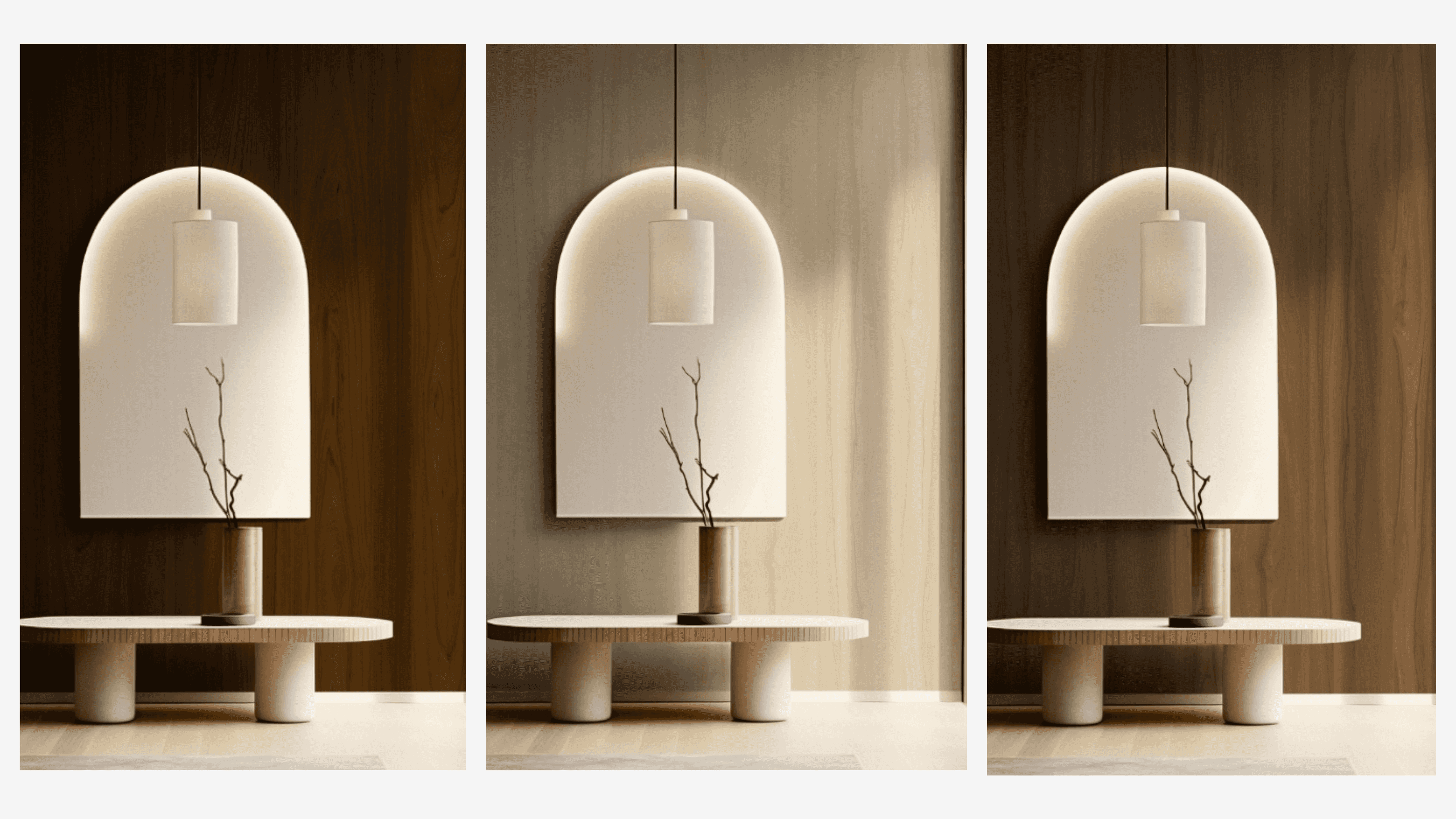 Three warm interiors showing wood-toned architectural surface finishes on walls and cabinetry
