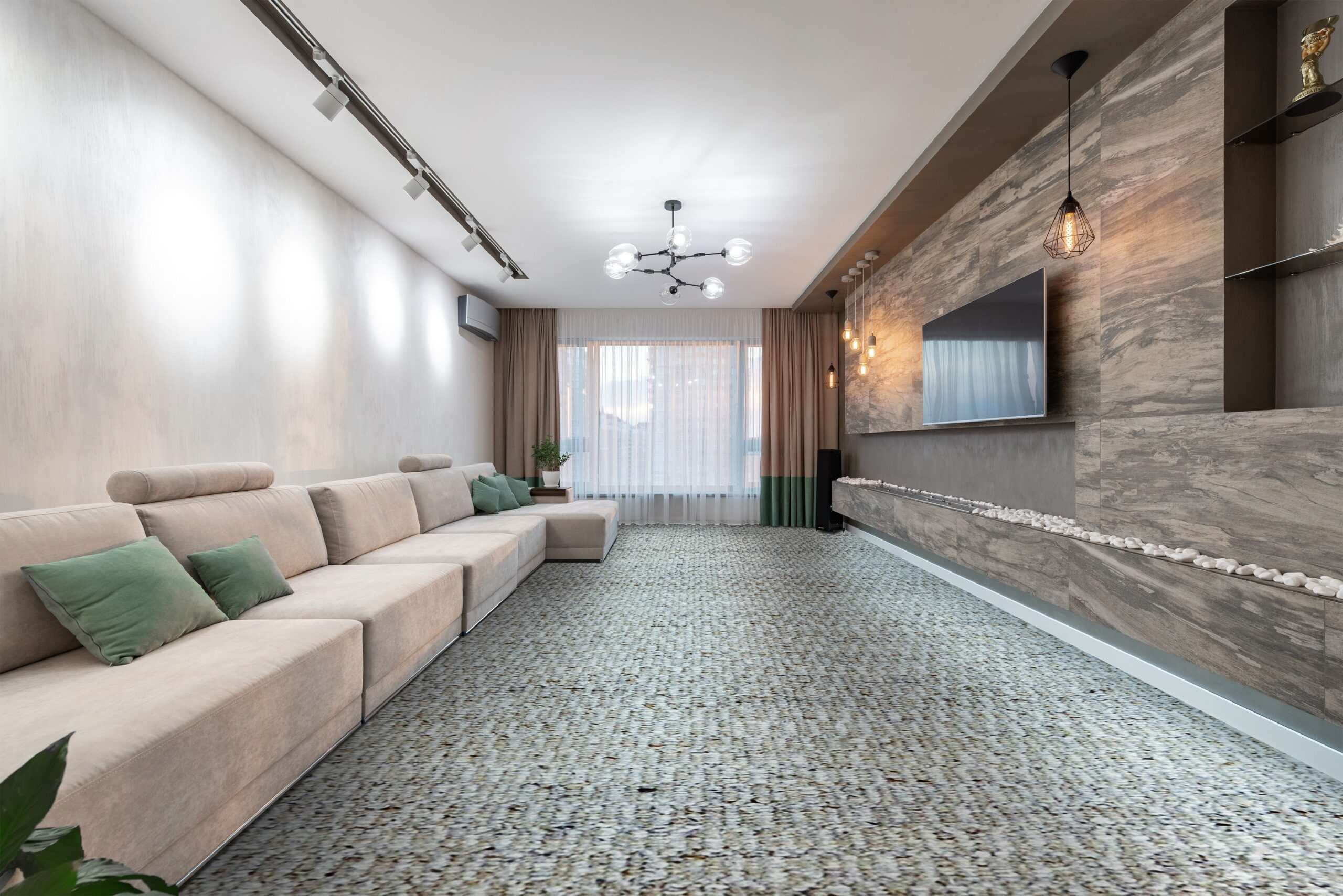 Contemporary living room with floor-to-ceiling taupe drapery filtering soft daylight