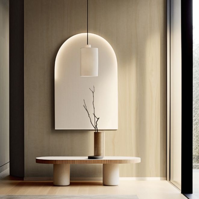 Arched niche above a stone console in a pale timber entry
