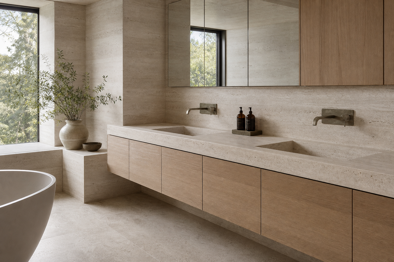 Pale stone and warm oak finishes across a floating bathroom vanity and wall surfaces