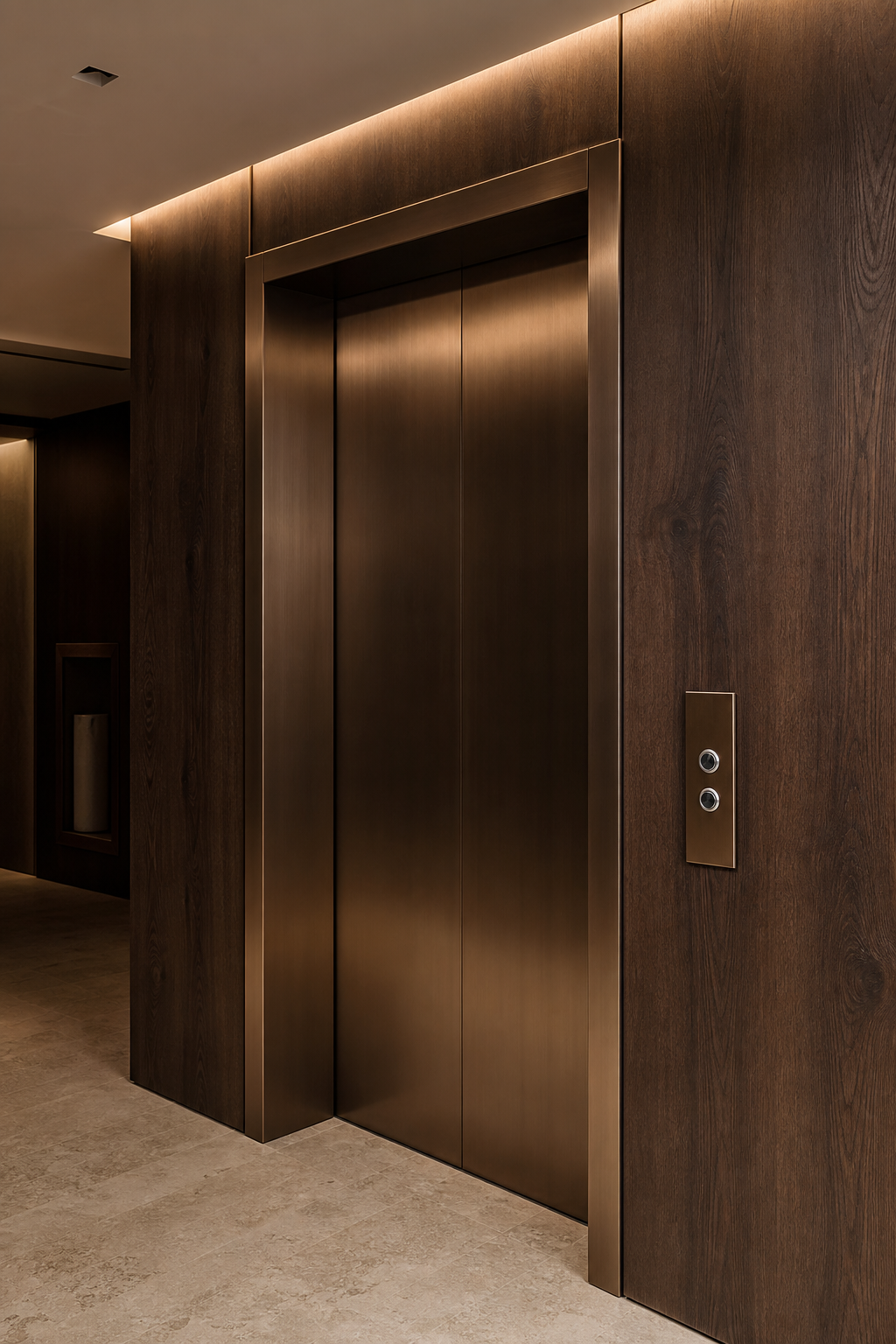 Brushed bronze elevator doors framed by dark wood architectural finishes