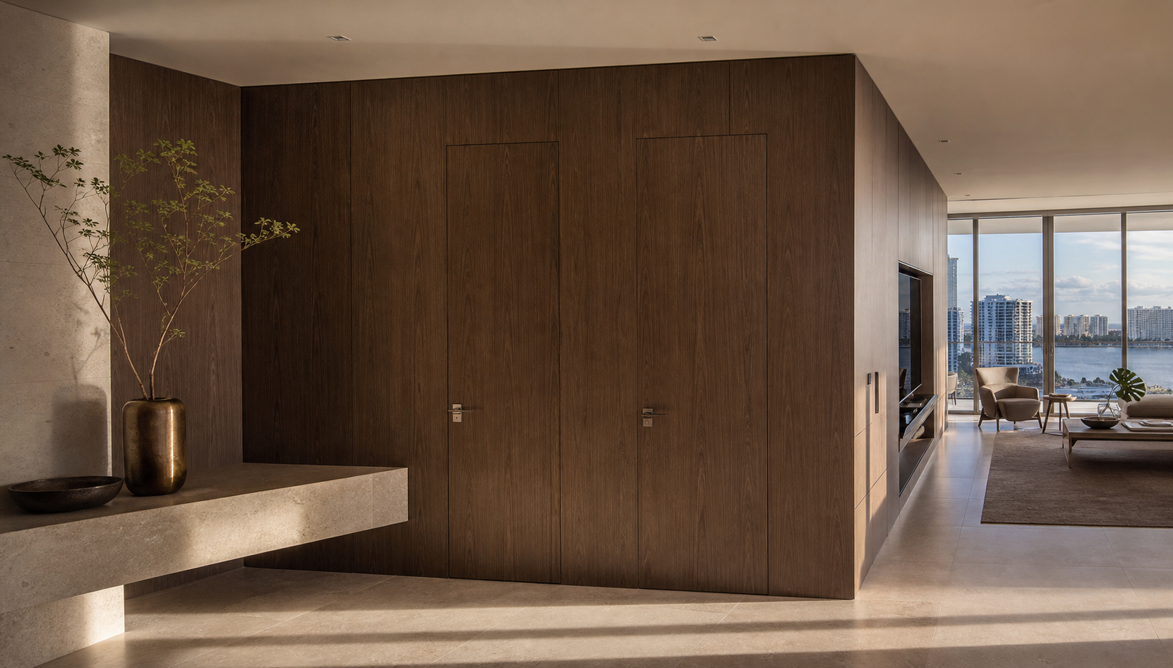 Walnut architectural finish continuing across walls, flush doors and cabinetry in a contemporary apartment