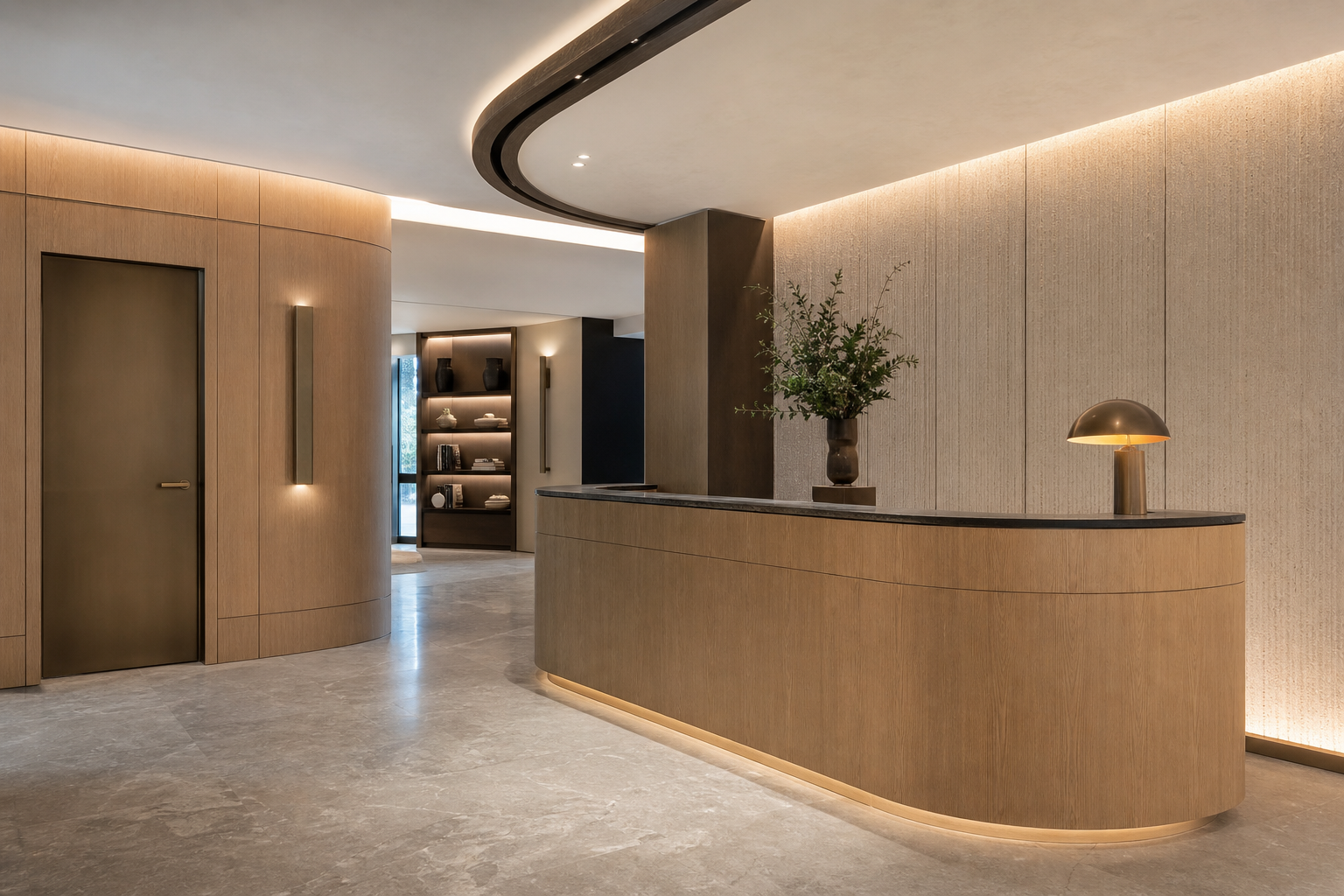 Curved reception counter, doors and wall panels unified by warm architectural finishes