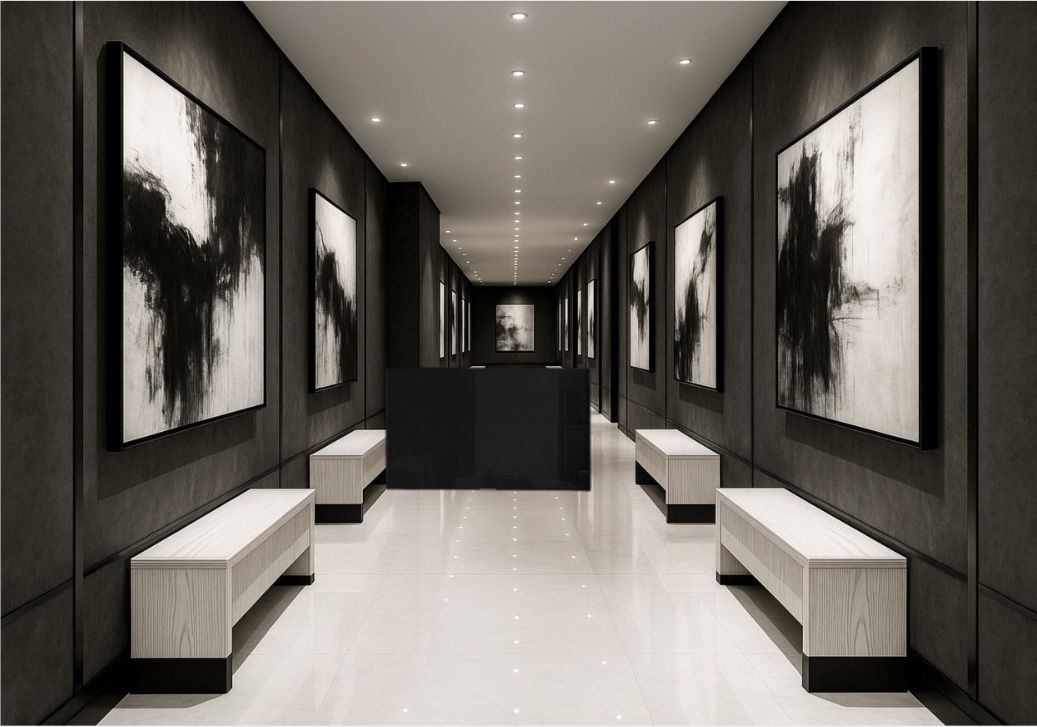 Long gallery hall with dark walls, pale wood benches and a reflective white floor