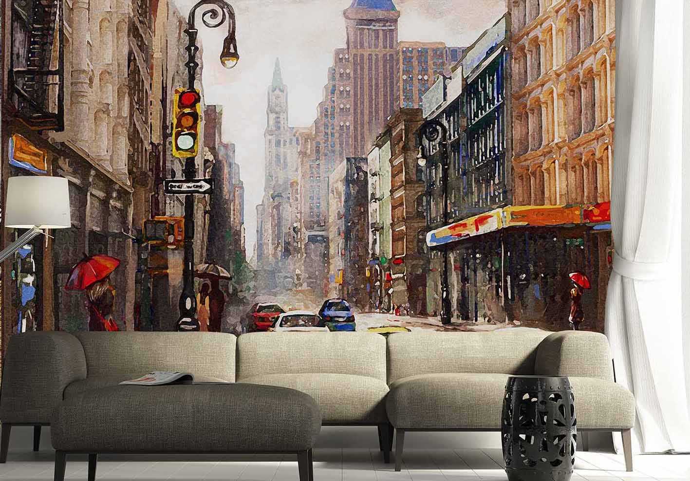 Low grey sectional set against a wall-wide painterly mural of a city street