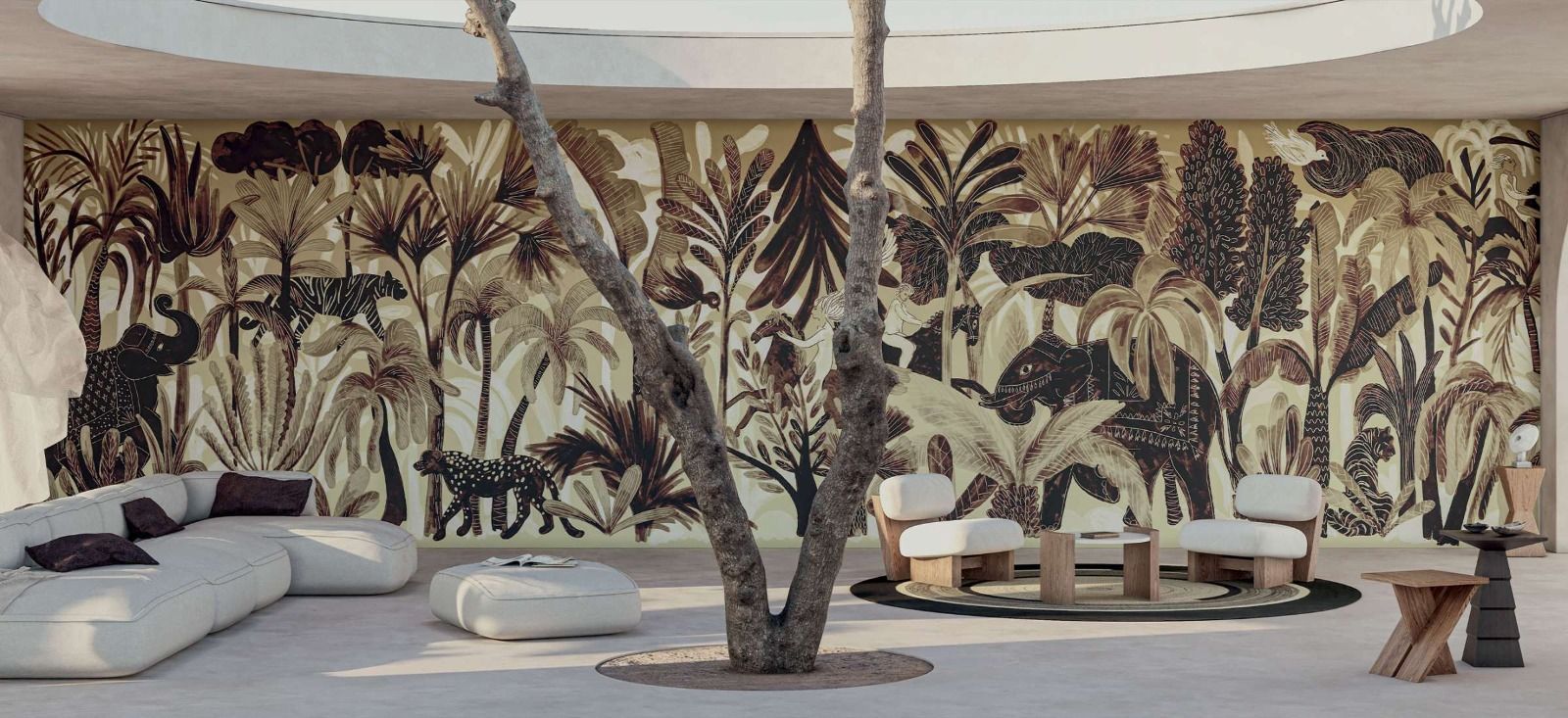 Panoramic botanical wall mural in a sculptural lounge