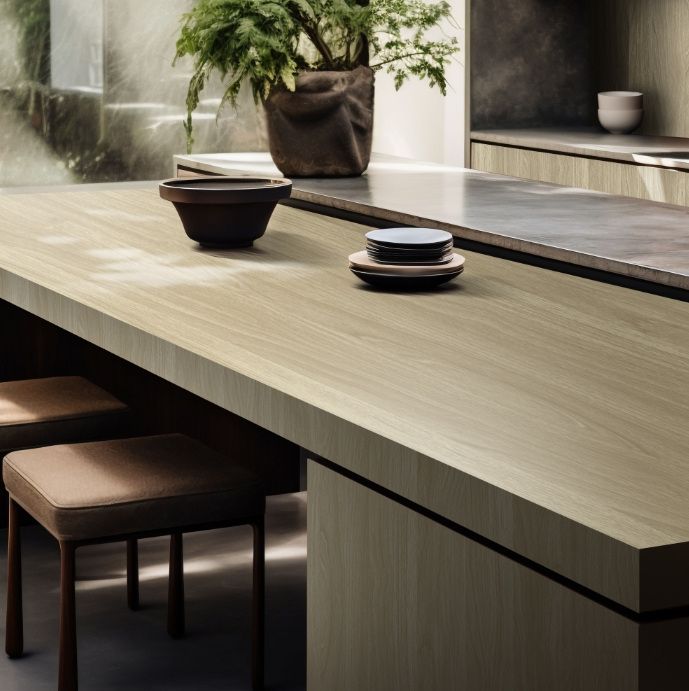Kitchen island edge in pale oak with stacked ceramics