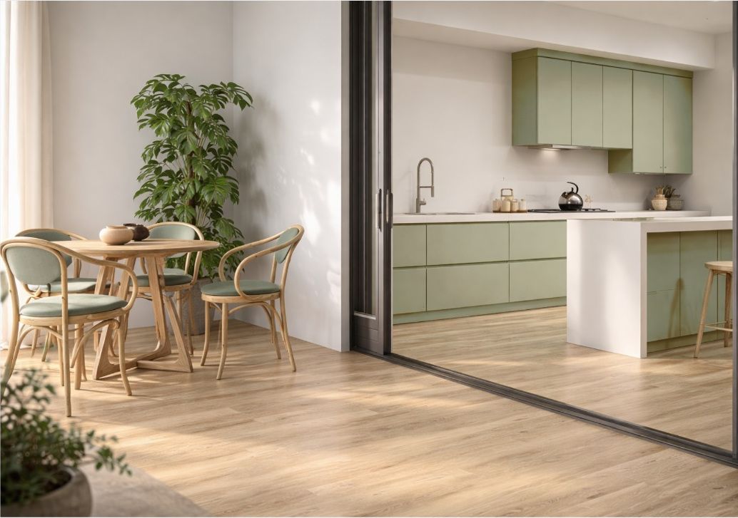 Olive green kitchen cabinetry seen through open doors from a dining area