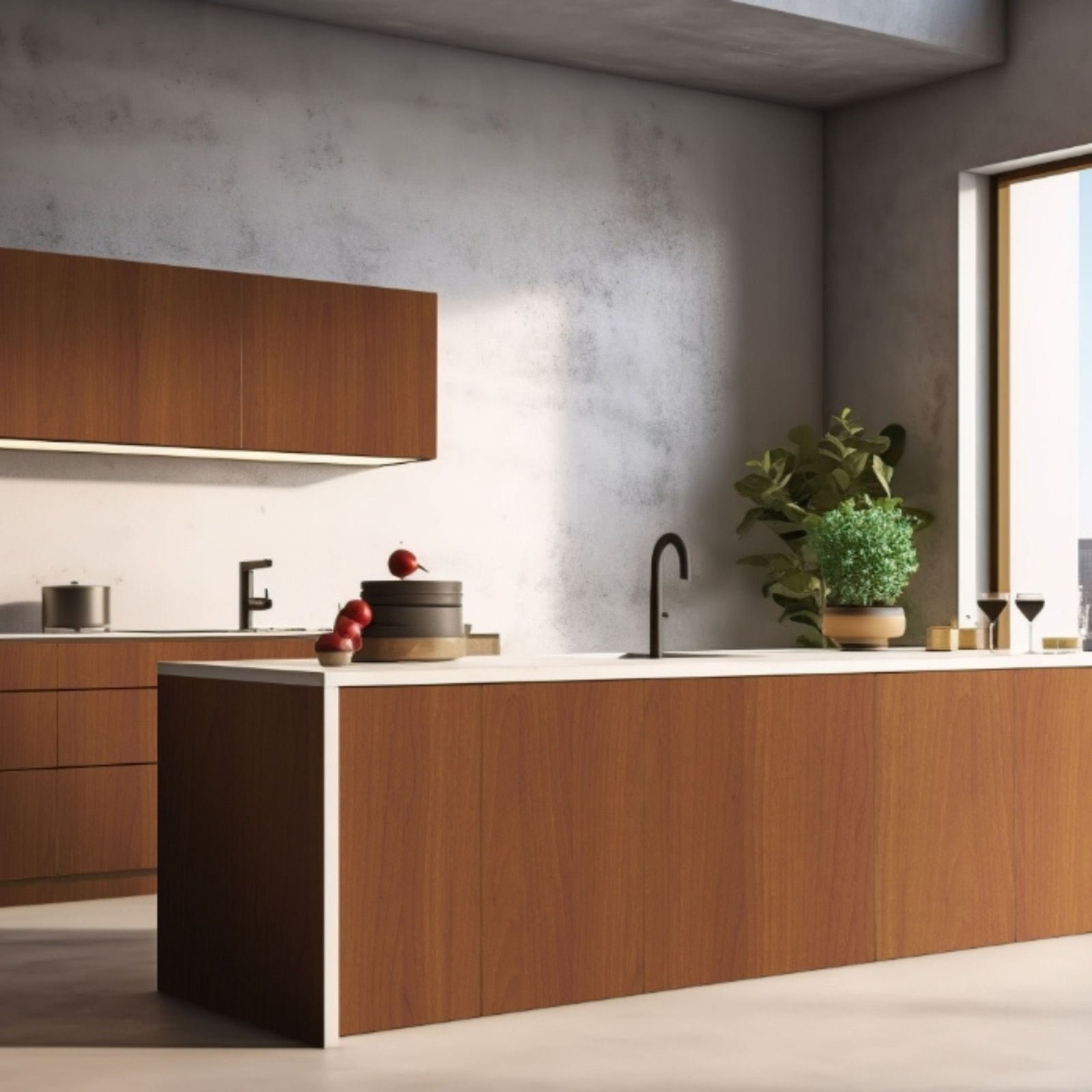 Walnut kitchen island and upper cabinets with a white stone counter and black fittings