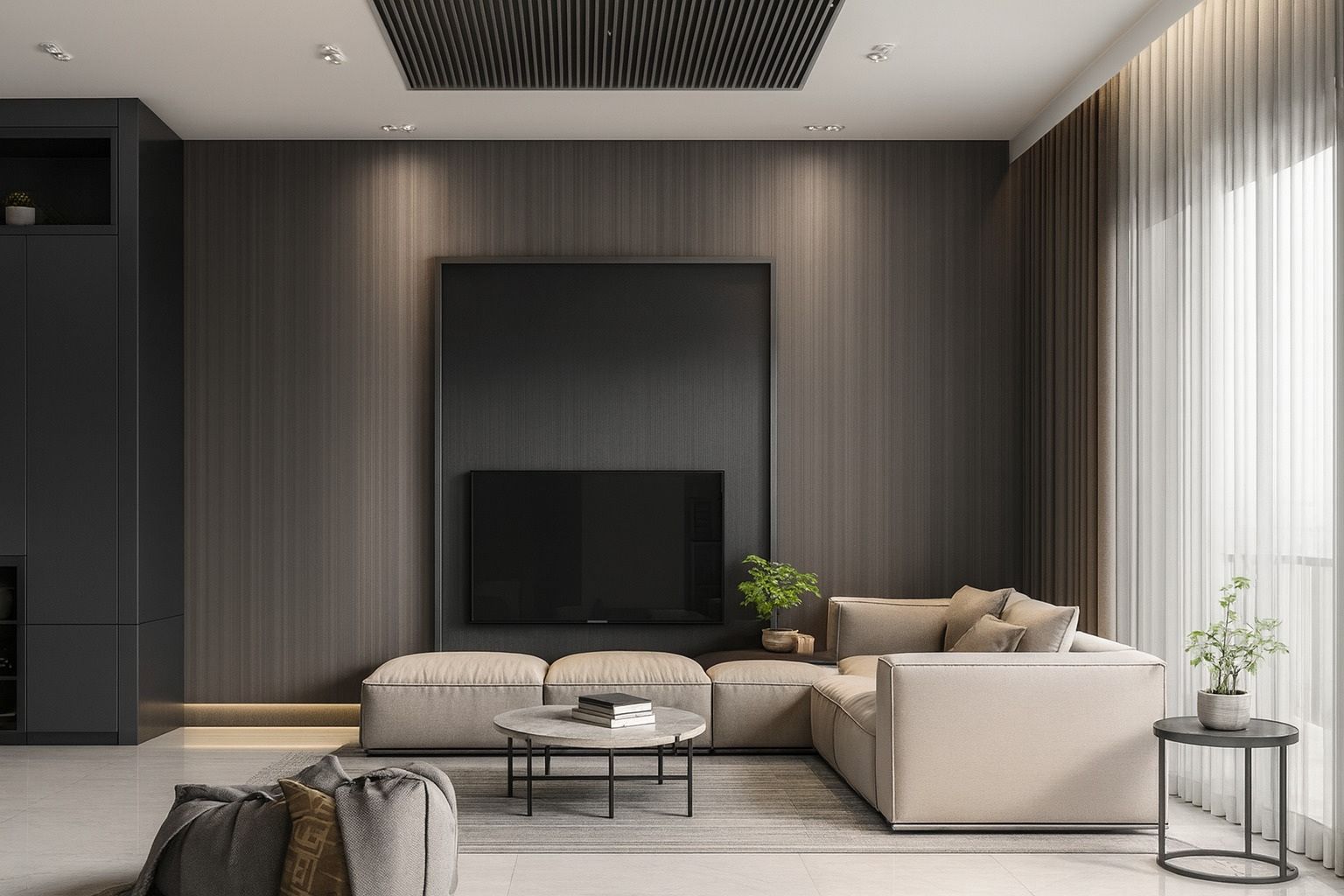 Living room with a full-height textured wall behind the television