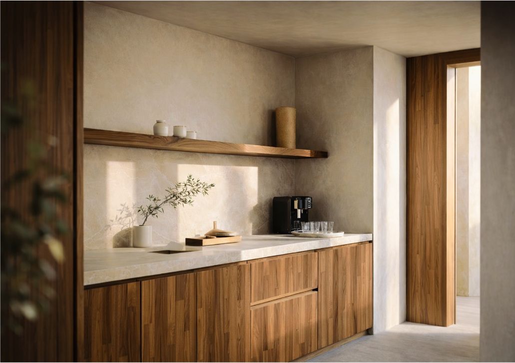 Compact pantry with stone counters, a floating shelf and wood cabinet fronts
