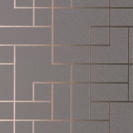 Wallcovering with rose-gold geometric line work on grey