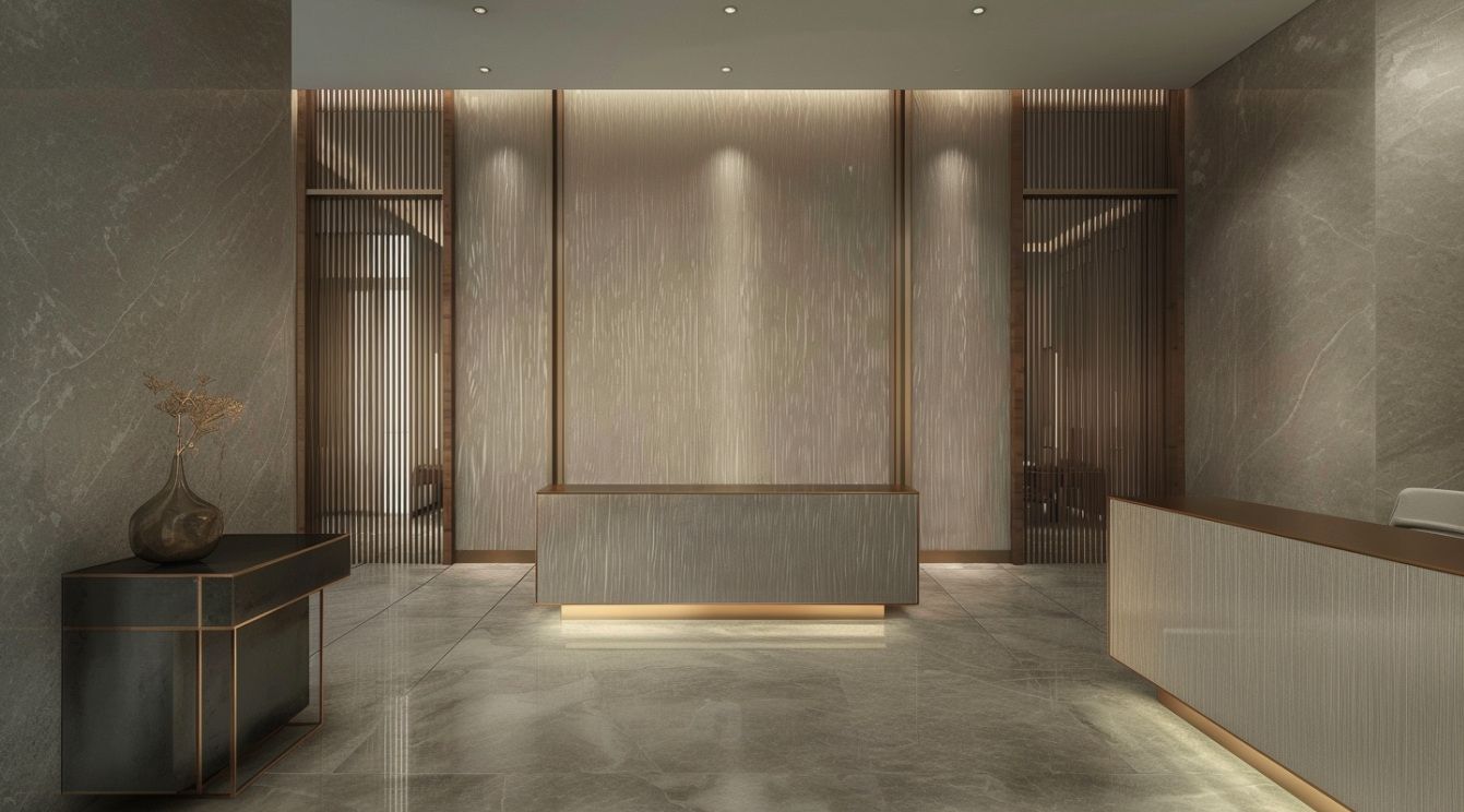 Dark reception hall with a lit stone desk and slatted timber screens
