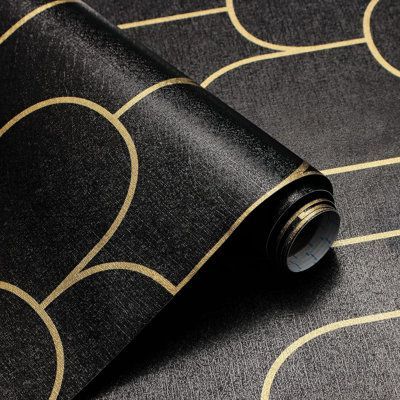 Partly unrolled black wallcovering printed with gold arcs
