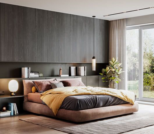 Bedroom with slatted dark panelling and floor-length beige curtains