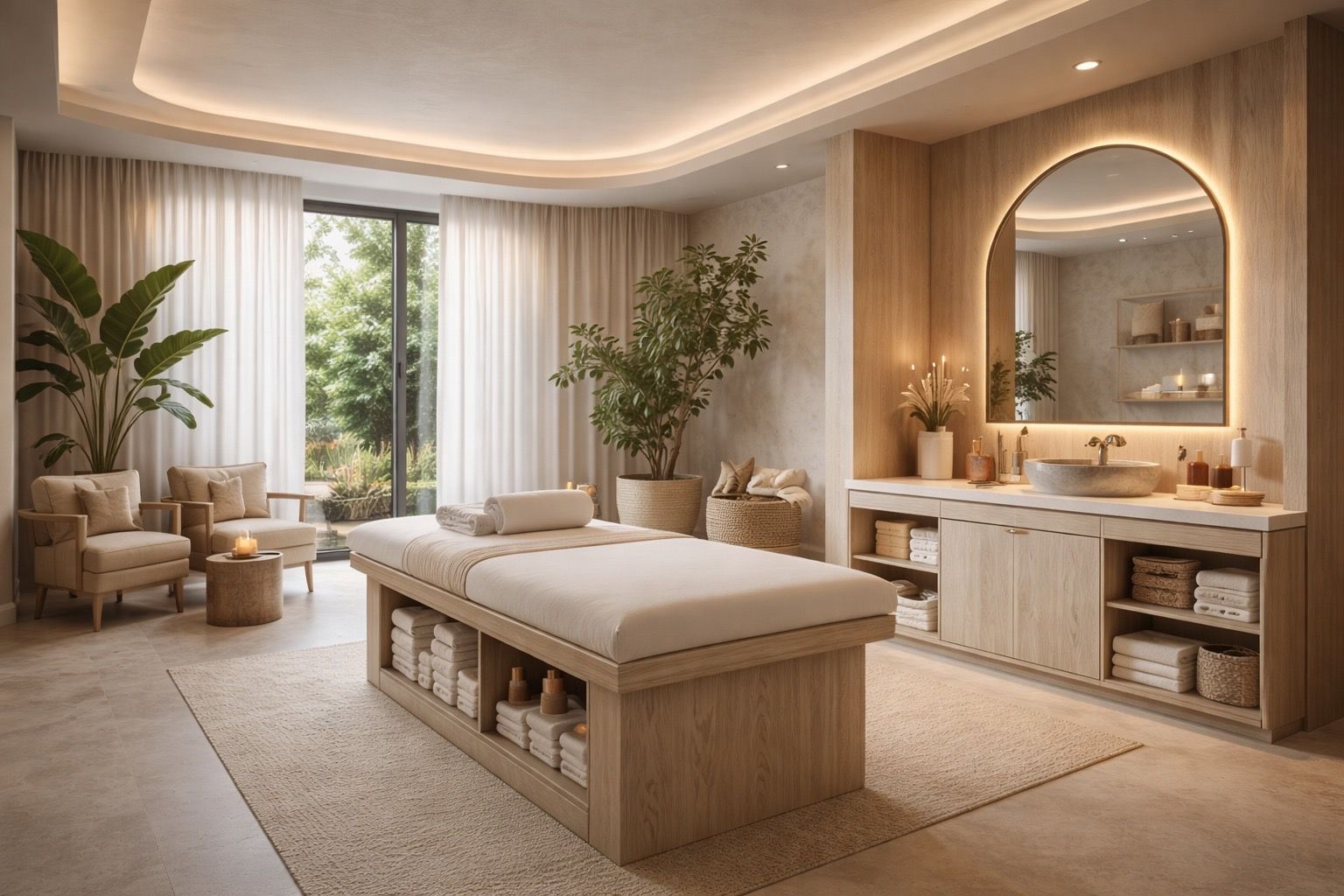 Spa treatment room with floor-to-ceiling sheer drapery across a garden window
