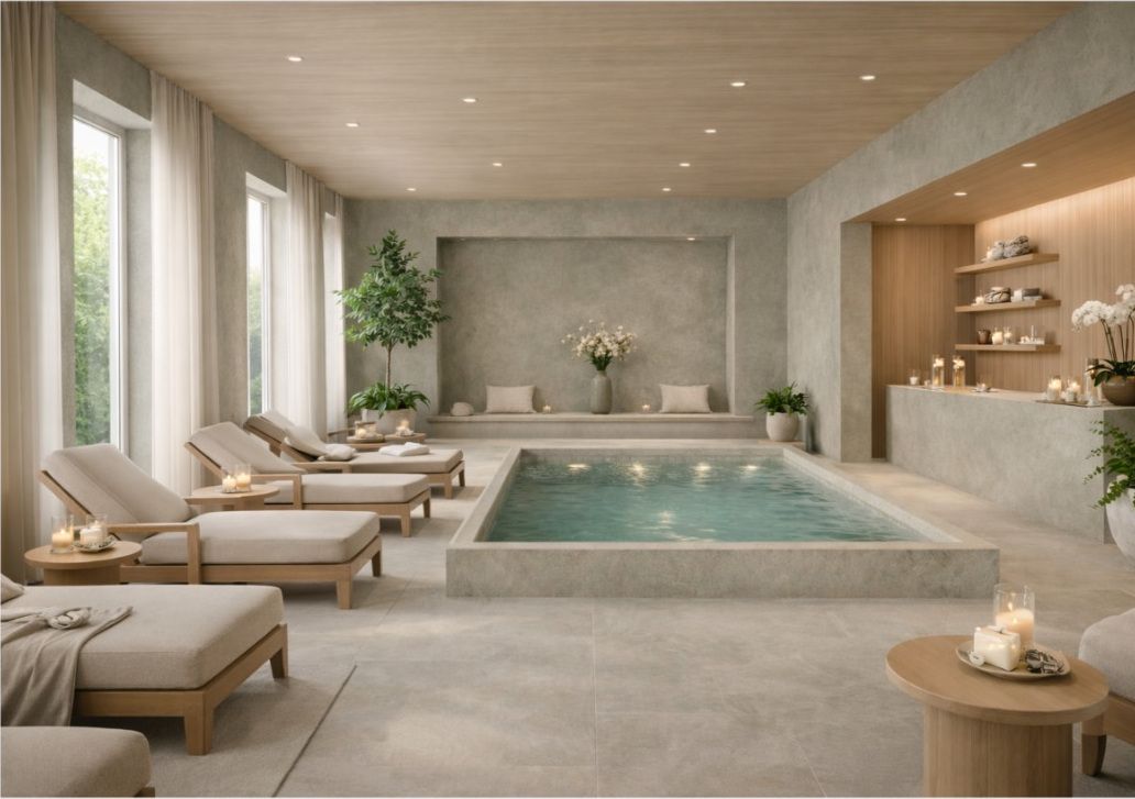 Indoor spa pool with loungers, cement walls and a slatted wood ceiling