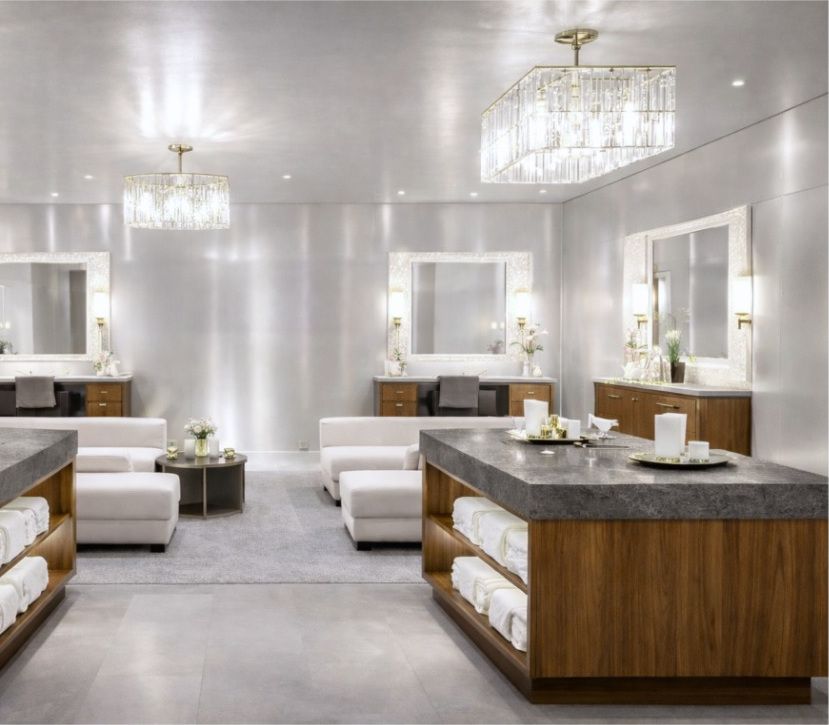 Spa lounge with walnut vanities, stone island counters and crystal pendants