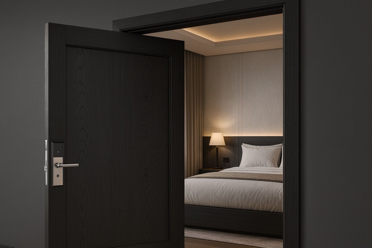 Dark timber suite door standing open onto a lit hotel bedroom