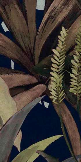 Painterly botanical mural detail with deep indigo ground and layered tropical leaves