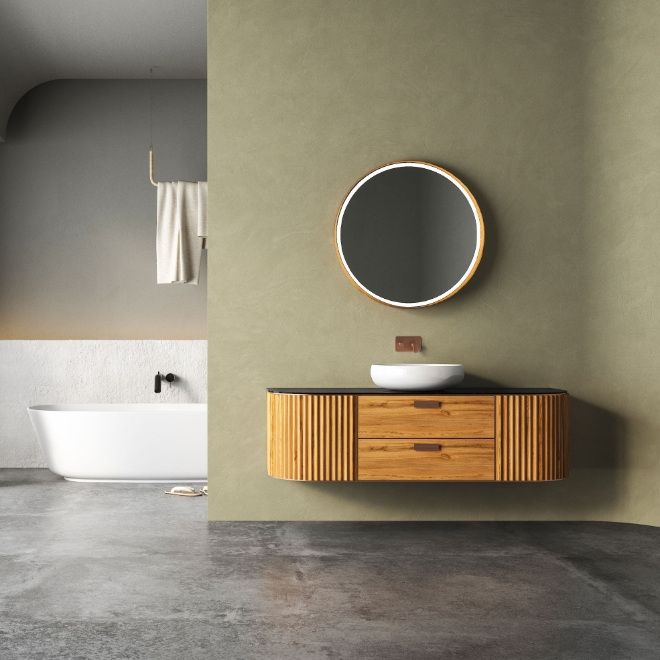 Fluted timber vanity against an olive plaster wall
