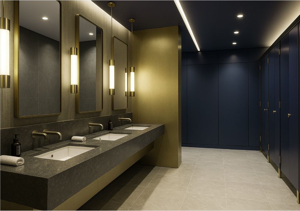 Hotel washroom with a brass partition, dark stone vanity and navy cubicles