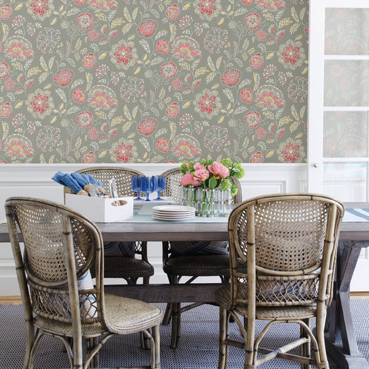 A-Street Prints Tropez Coral Jacobean Wallpaper, 20.5-in by 33-ft