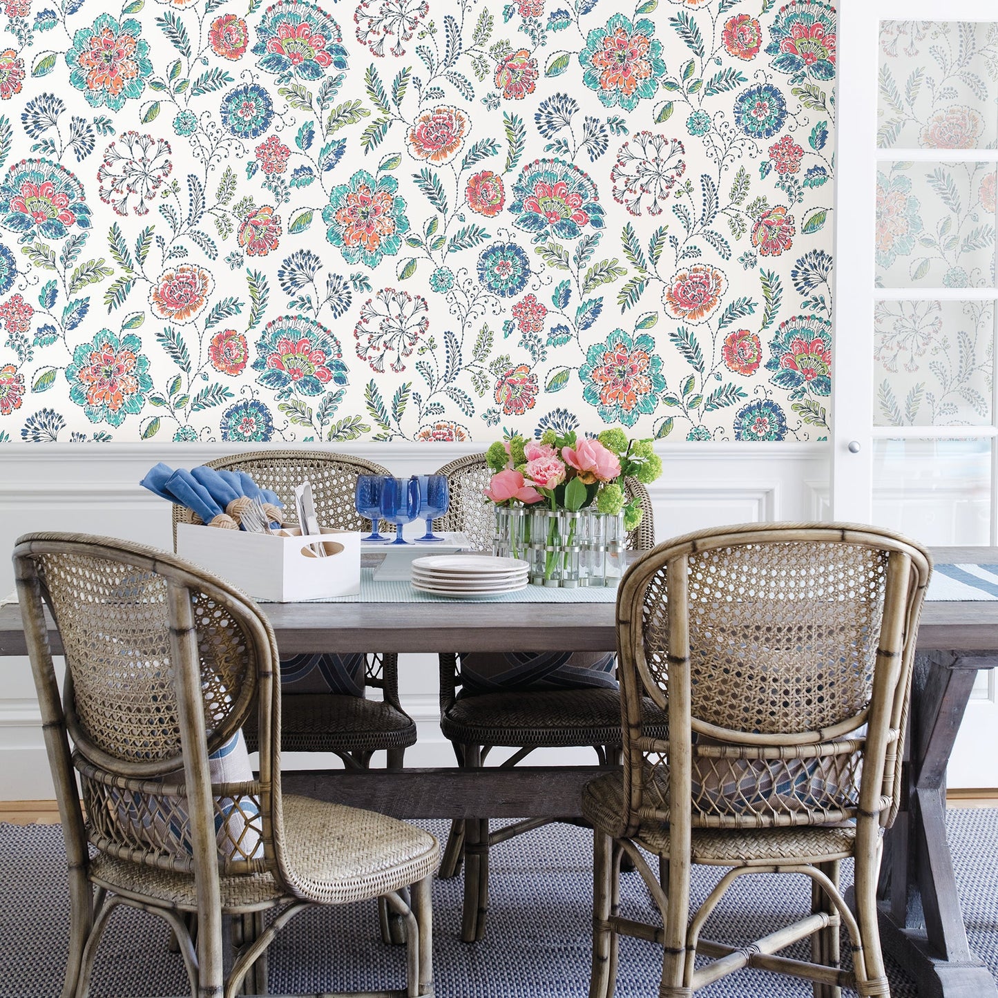 A-Street Prints Tropez Teal Jacobean Wallpaper, 20.5-in by 33-ft