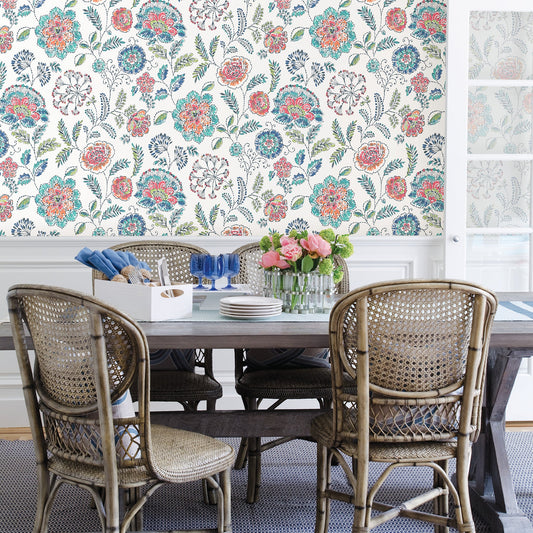 A-Street Prints Tropez Teal Jacobean Wallpaper, 20.5-in by 33-ft