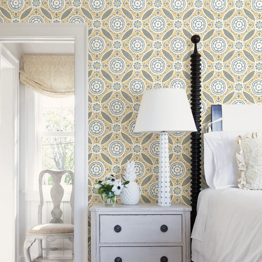 A-Street Prints Maya Yellow Medallion Wallpaper, 20.5-in by 33-ft