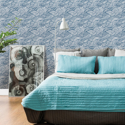 A-Street Prints Mare Navy Wave Wallpaper, 20.5-in by 33-ft