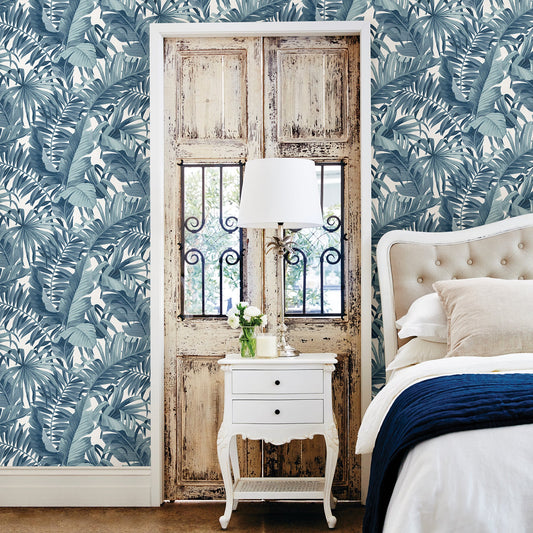 A-Street Prints Alfresco Navy Palm Leaf Wallpaper, 20.5-in by 33-ft