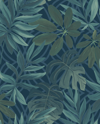 A-Street Prints Nocturnum Blue Leaf Wallpaper, 20.5-in by 33-ft