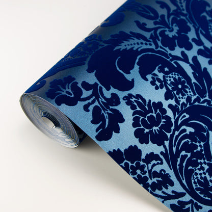 A-Street Prints Shadow Blue Flocked Damask Wallpaper, 20.5-in by 33-ft