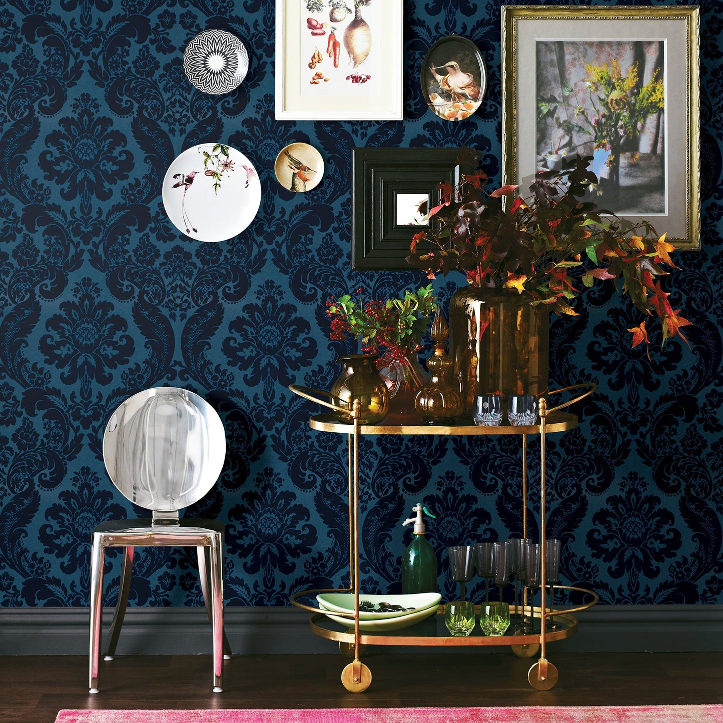 A-Street Prints Shadow Blue Flocked Damask Wallpaper, 20.5-in by 33-ft