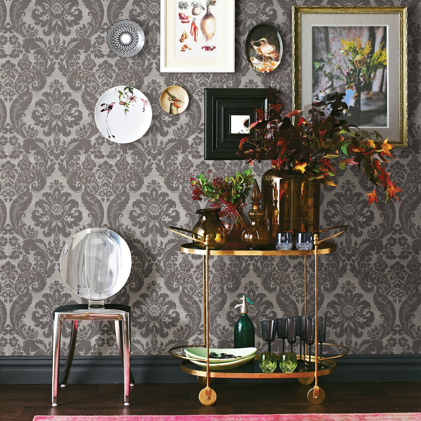 A-Street Prints Shadow Grey Flocked Damask Wallpaper, 20.5-in by 33-ft