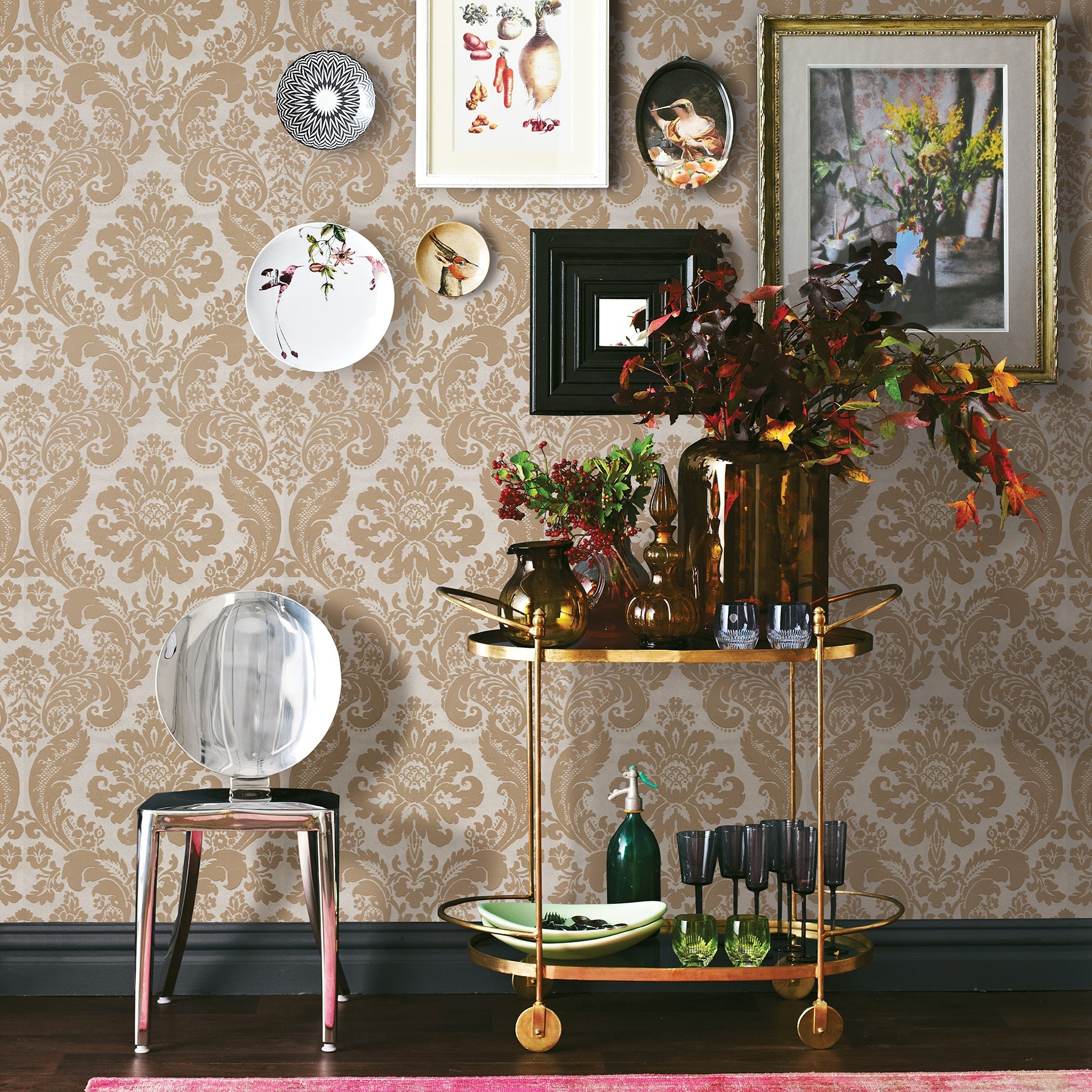 A-Street Prints Shadow Khaki Flocked Damask Wallpaper, 20.5-in by 33-ft