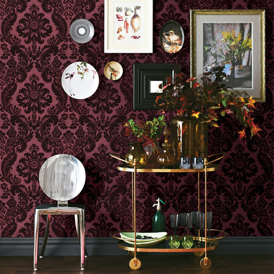 A-Street Prints Shadow Merlot Flocked Damask Wallpaper, 20.5-in by 33-ft