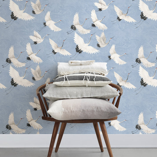 A-Street Prints Windsong Periwinkle Crane Wallpaper, 20.5-in by 33-ft