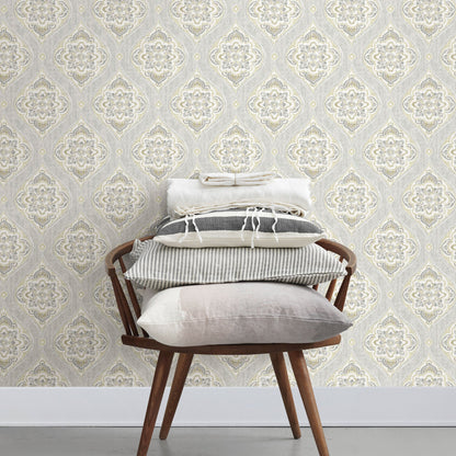 A-Street Prints Adele Light Grey Damask Wallpaper, 20.5-in by 33-ft