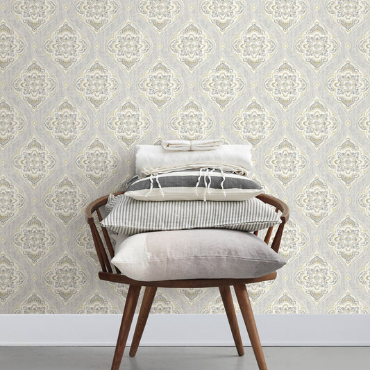 A-Street Prints Adele Light Grey Damask Wallpaper, 20.5-in by 33-ft