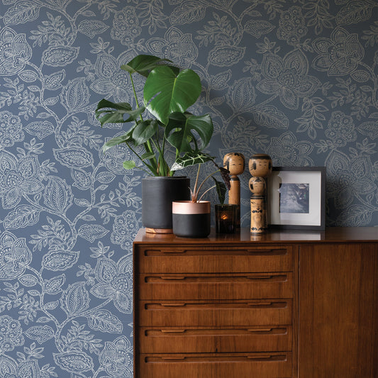 A-Street Prints Larkin Blue Floral Wallpaper, 20.5-in by 33-ft