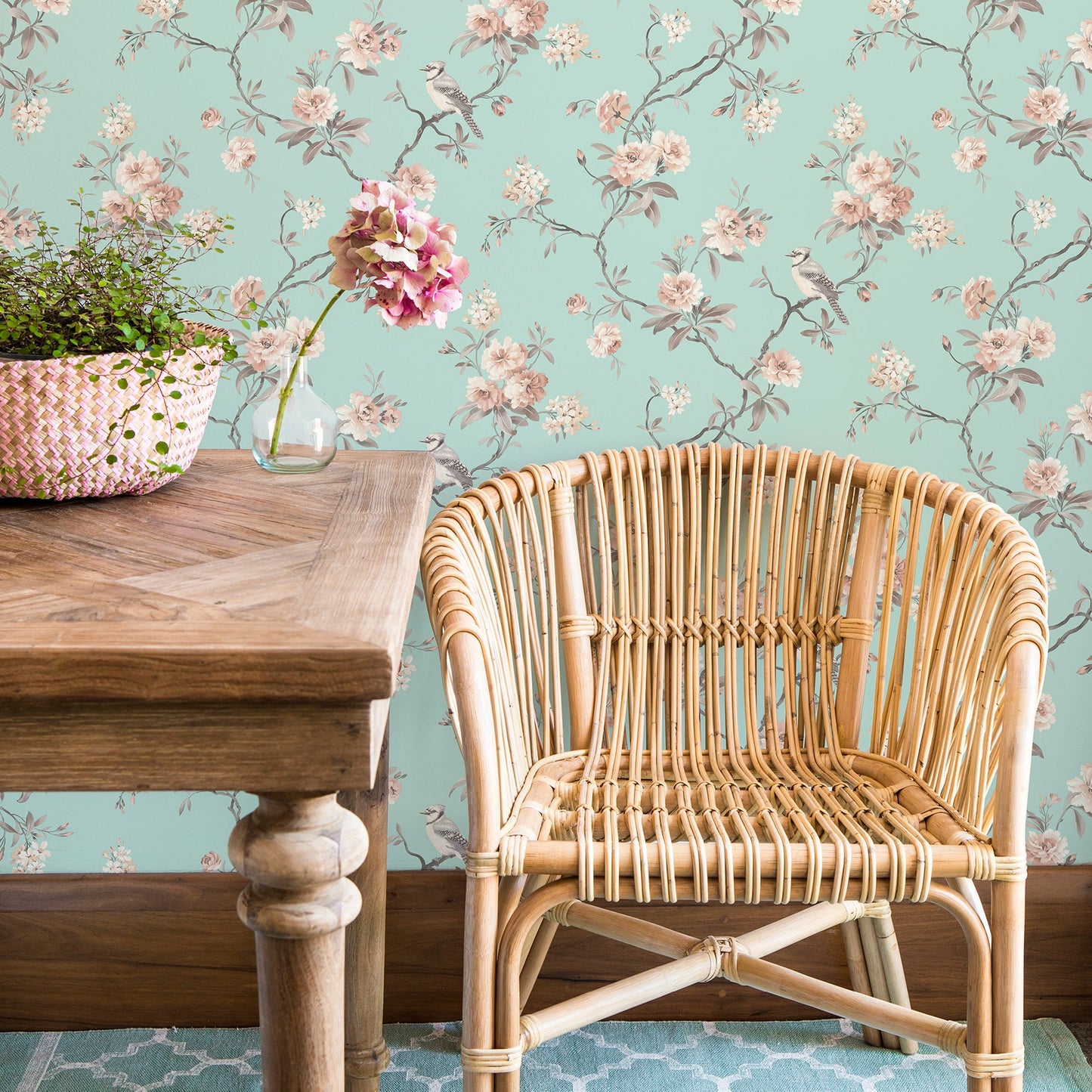 Fine Decor Chinoiserie Seafoam Floral Wallpaper, 20.5-in by 33-ft