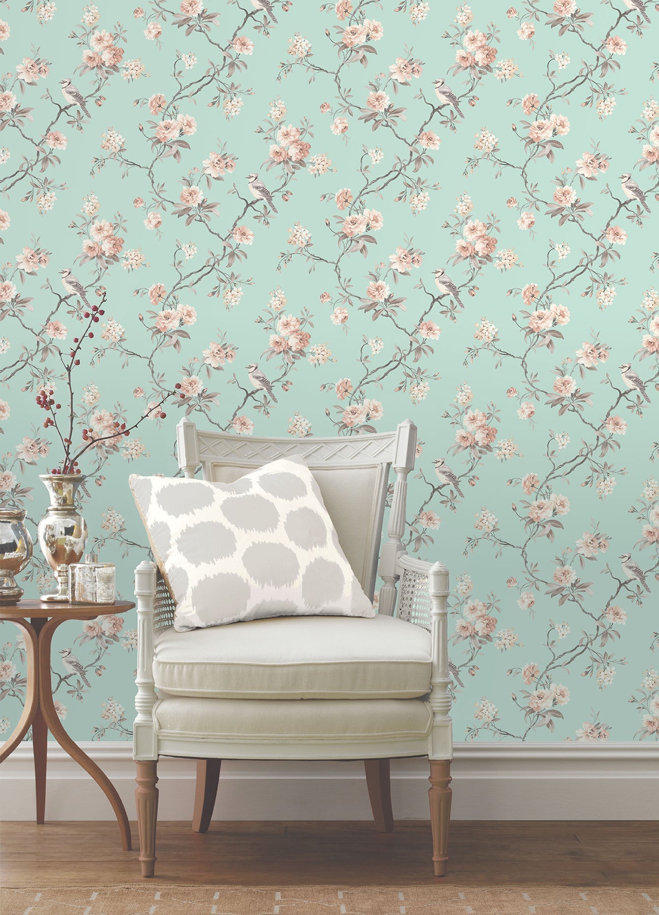 Fine Decor Chinoiserie Seafoam Floral Wallpaper, 20.5-in by 33-ft