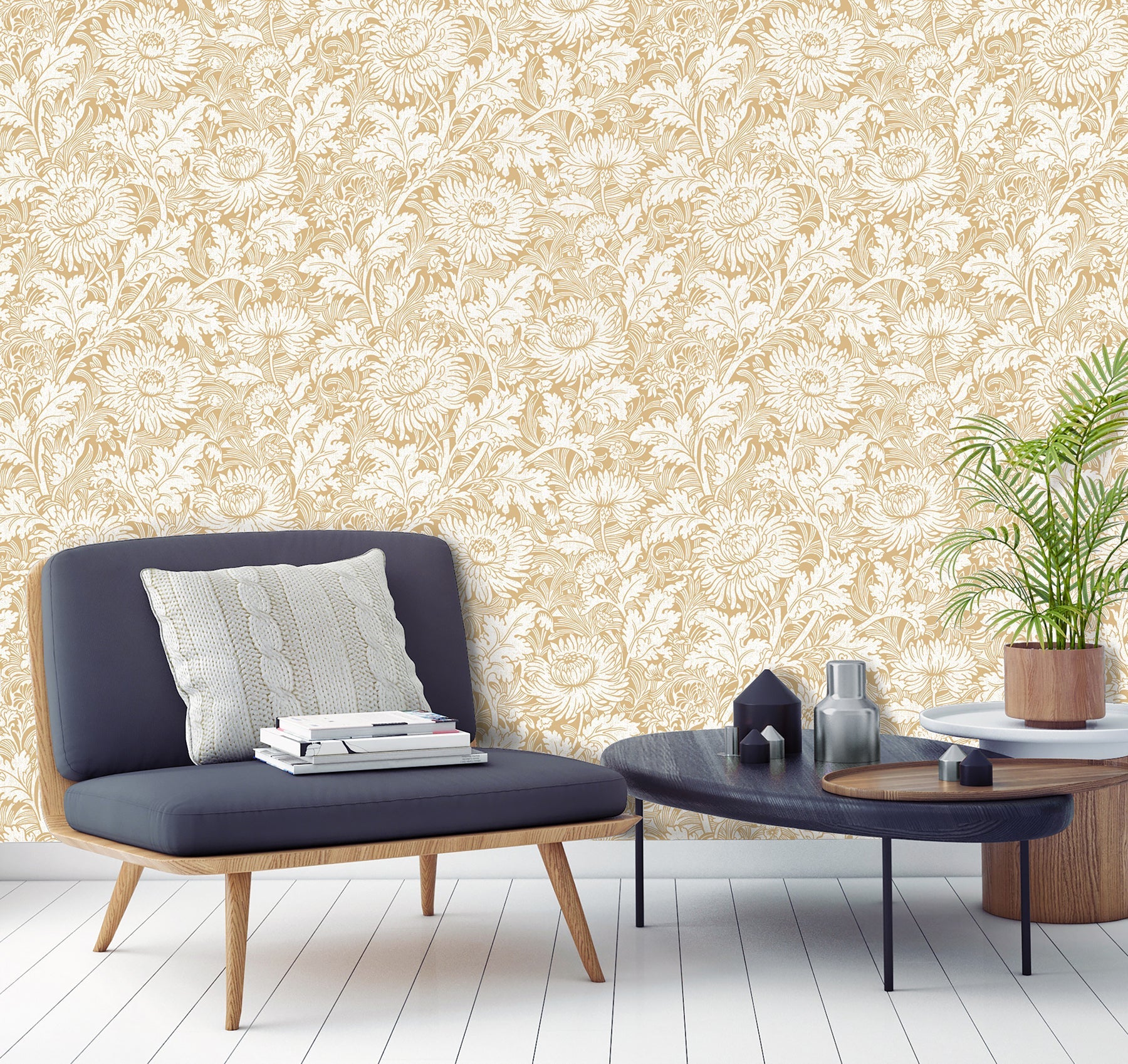 Fine Decor Zinnia Mustard Floral Wallpaper, 20.5-in by 33-ft