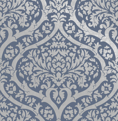 Fine Decor Sandringham Blue Damask Wallpaper, 20.5-in by 33-ft